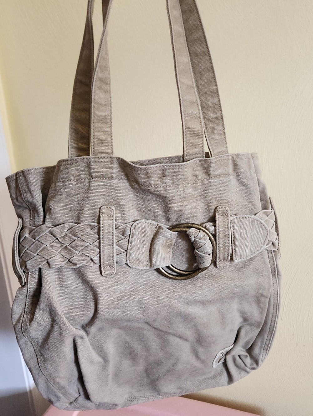 Suede Tote Bag with Braided Belt Detail - Taupe